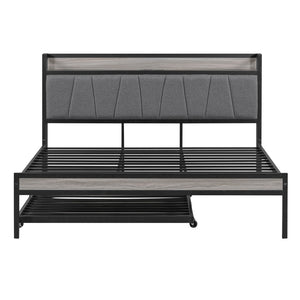 HomeRoots Black Metal and Upholstered Queen Bed Frame with Trundle – Modern, Space-Saving Design for Comfort! 590426