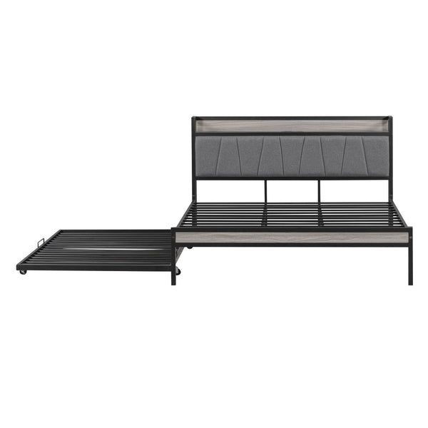 HomeRoots Black Metal and Upholstered Queen Bed Frame with Trundle – Modern, Space-Saving Design for Comfort! 590426