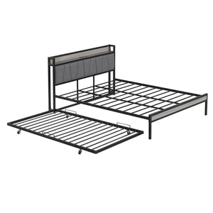 HomeRoots Black Metal and Upholstered Queen Bed Frame with Trundle – Modern, Space-Saving Design for Comfort! 590426