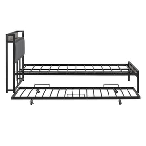 HomeRoots Black Metal and Upholstered Queen Bed Frame with Trundle – Modern, Space-Saving Design for Comfort! 590426