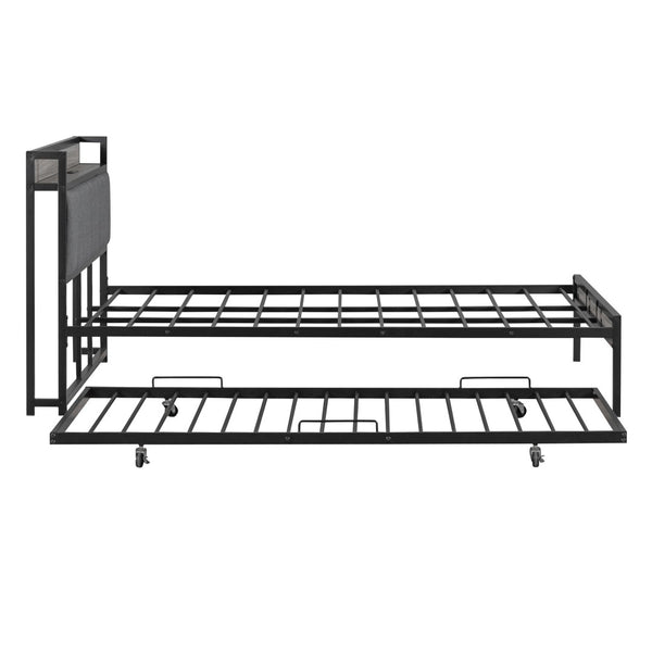HomeRoots Black Metal and Upholstered Queen Bed Frame with Trundle – Modern, Space-Saving Design for Comfort! 590426