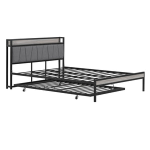 HomeRoots Black Metal and Upholstered Queen Bed Frame with Trundle – Modern, Space-Saving Design for Comfort! 590426