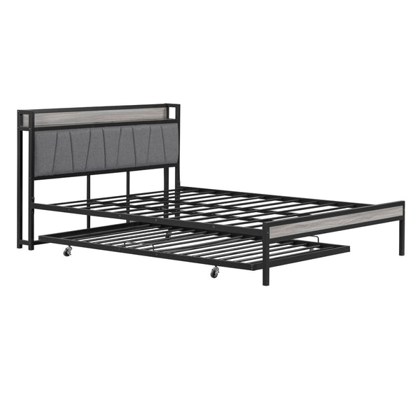 HomeRoots Black Metal and Upholstered Queen Bed Frame with Trundle – Modern, Space-Saving Design for Comfort! 590426