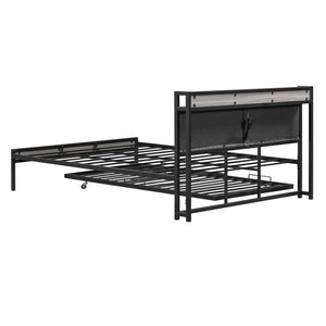 HomeRoots Black Metal and Upholstered Queen Bed Frame with Trundle – Modern, Space-Saving Design for Comfort! 590426