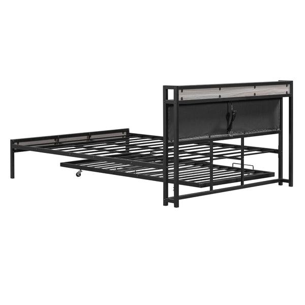 HomeRoots Black Metal and Upholstered Queen Bed Frame with Trundle – Modern, Space-Saving Design for Comfort! 590426