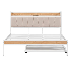 HomeRoots White Metal Queen Bed Frame with Trundle - Space-Saving, Stylish Design for Versatile Sleep Solutions 590427