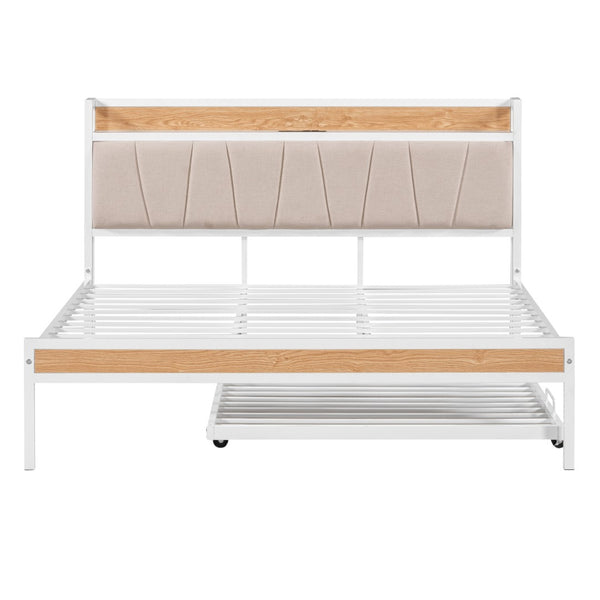 HomeRoots White Metal Queen Bed Frame with Trundle - Space-Saving, Stylish Design for Versatile Sleep Solutions 590427