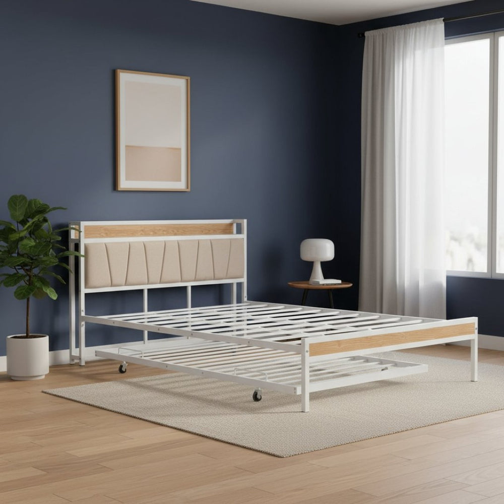 HomeRoots White Metal Queen Bed Frame with Trundle - Space-Saving, Stylish Design for Versatile Sleep Solutions 590427