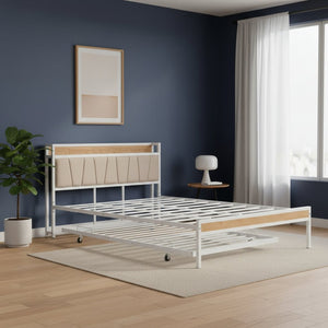 HomeRoots White Metal Queen Bed Frame with Trundle - Space-Saving, Stylish Design for Versatile Sleep Solutions 590427
