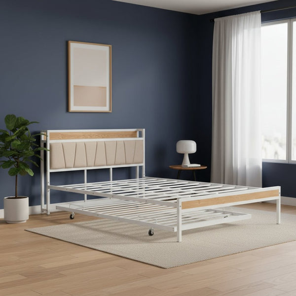 HomeRoots White Metal Queen Bed Frame with Trundle - Space-Saving, Stylish Design for Versatile Sleep Solutions 590427
