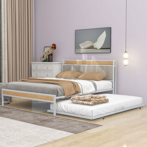 HomeRoots White Metal Queen Bed Frame with Trundle - Space-Saving, Stylish Design for Versatile Sleep Solutions 590427