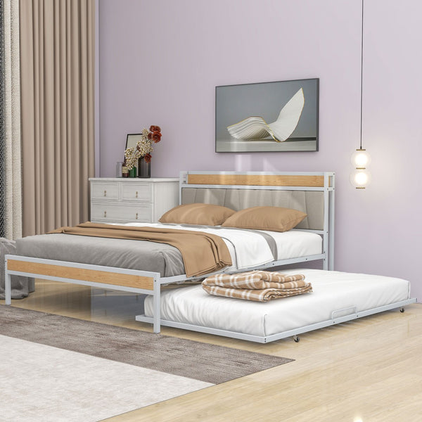 HomeRoots White Metal Queen Bed Frame with Trundle - Space-Saving, Stylish Design for Versatile Sleep Solutions 590427
