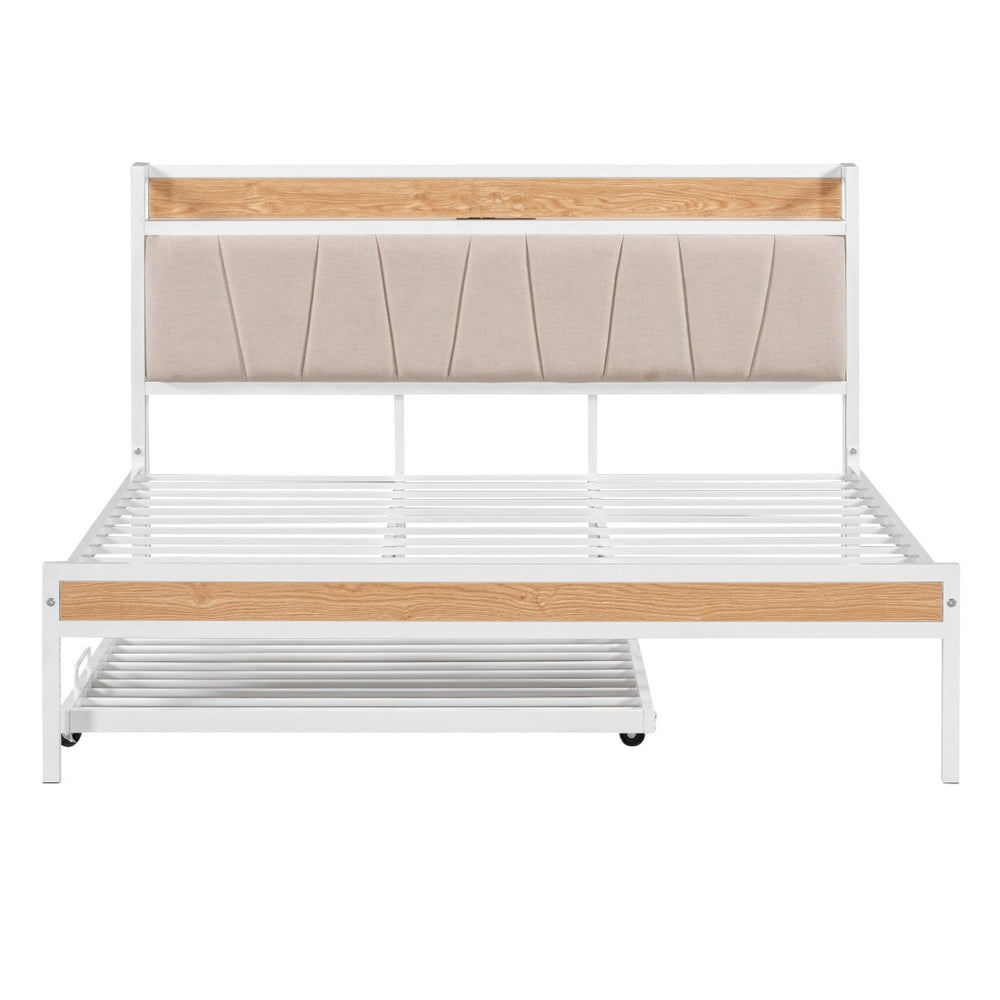 HomeRoots White Metal Queen Bed Frame with Trundle - Space-Saving, Stylish Design for Versatile Sleep Solutions 590427