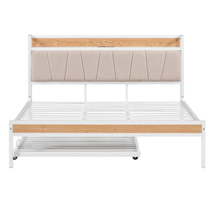 HomeRoots White Metal Queen Bed Frame with Trundle - Space-Saving, Stylish Design for Versatile Sleep Solutions 590427