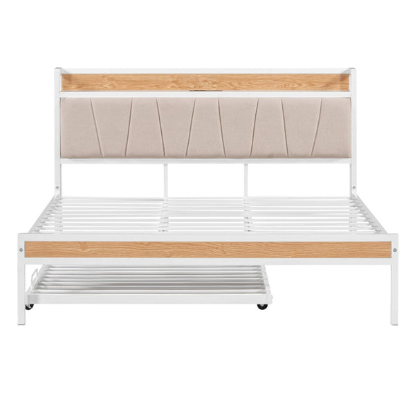HomeRoots White Metal Queen Bed Frame with Trundle - Space-Saving, Stylish Design for Versatile Sleep Solutions 590427
