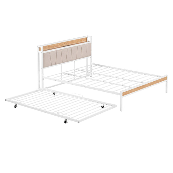 HomeRoots White Metal Queen Bed Frame with Trundle - Space-Saving, Stylish Design for Versatile Sleep Solutions 590427