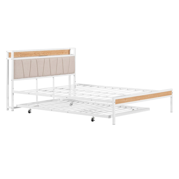 HomeRoots White Metal Queen Bed Frame with Trundle - Space-Saving, Stylish Design for Versatile Sleep Solutions 590427