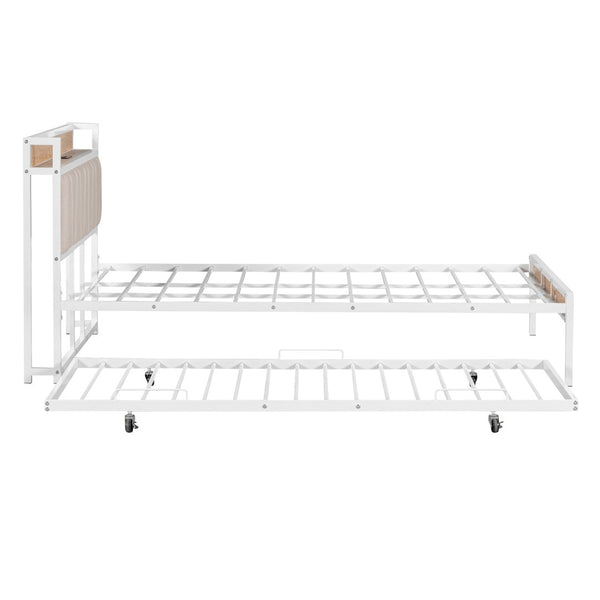HomeRoots White Metal Queen Bed Frame with Trundle - Space-Saving, Stylish Design for Versatile Sleep Solutions 590427