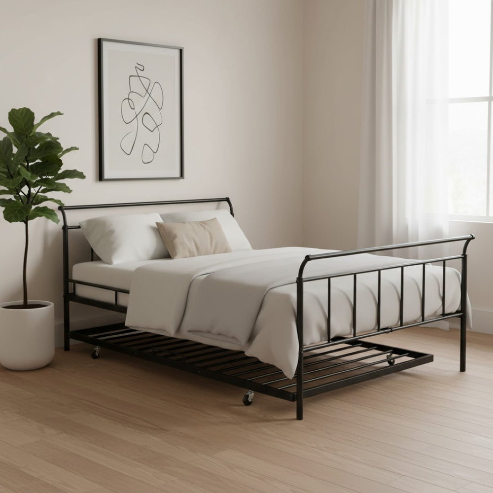 HomeRoots Black Metal Full Day Bed with Twin Trundle - Stylish Space-Saving Design for Versatile Living Spaces 590428