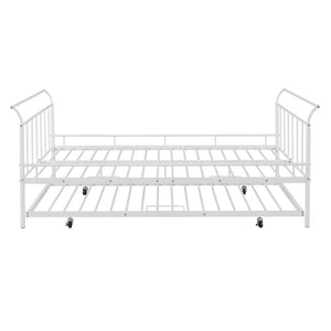 HomeRoots White Metal Full Day Bed with Trundle – Elegant, Versatile Design for Sleepovers & Stylish Spaces 590429