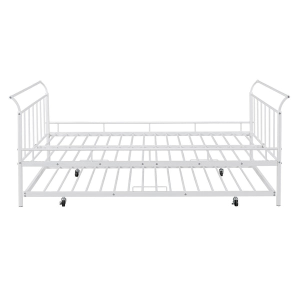 HomeRoots White Metal Full Day Bed with Trundle – Elegant, Versatile Design for Sleepovers & Stylish Spaces 590429