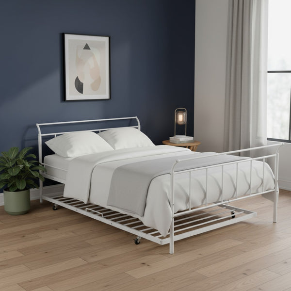 HomeRoots White Metal Full Day Bed with Trundle – Elegant, Versatile Design for Sleepovers & Stylish Spaces 590429