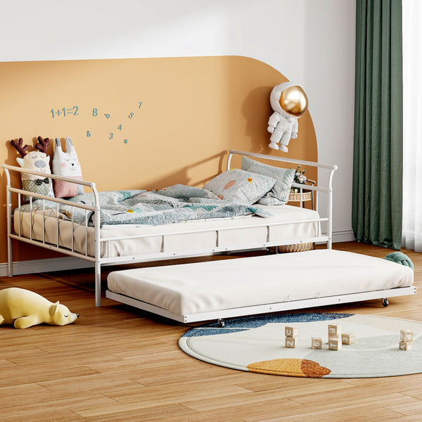 HomeRoots White Metal Full Day Bed with Trundle – Elegant, Versatile Design for Sleepovers & Stylish Spaces 590429