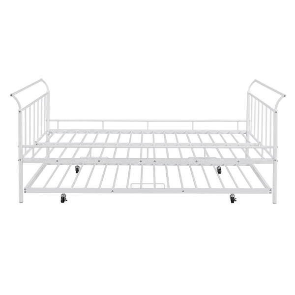 HomeRoots White Metal Full Day Bed with Trundle – Elegant, Versatile Design for Sleepovers & Stylish Spaces 590429