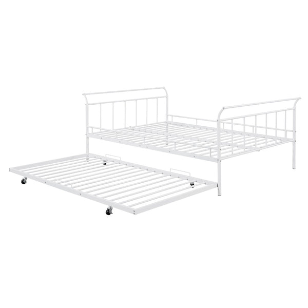 HomeRoots White Metal Full Day Bed with Trundle – Elegant, Versatile Design for Sleepovers & Stylish Spaces 590429