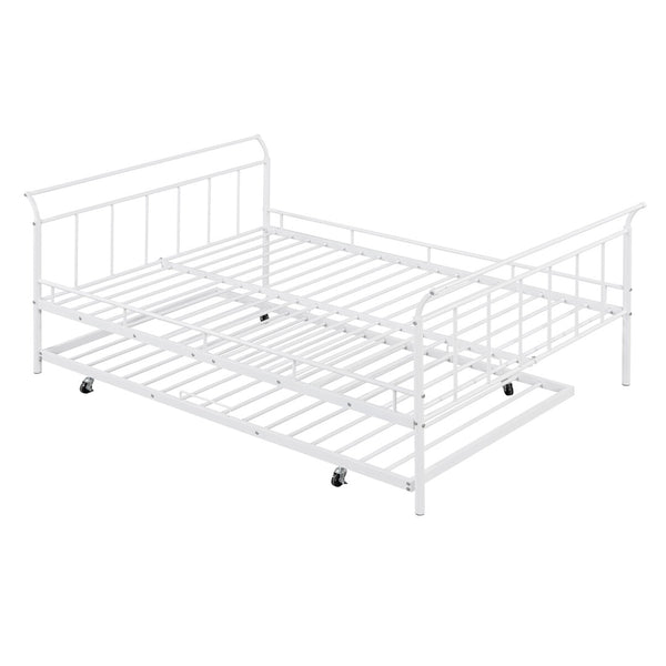 HomeRoots White Metal Full Day Bed with Trundle – Elegant, Versatile Design for Sleepovers & Stylish Spaces 590429