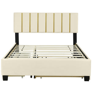 HomeRoots Beige Tufted Velvet Queen Bed Frame with Trundle & Drawers - Elegant, Space-Saving Design! 590430