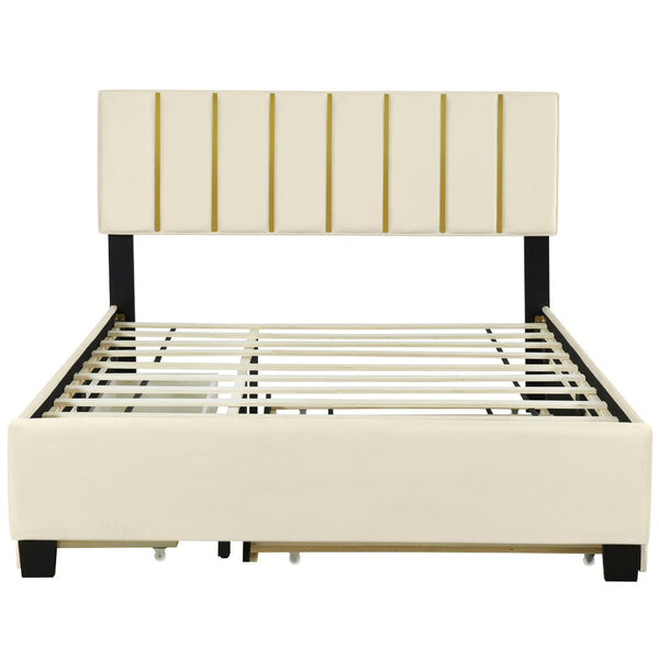 HomeRoots Beige Tufted Velvet Queen Bed Frame with Trundle & Drawers - Elegant, Space-Saving Design! 590430