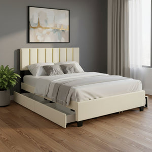 HomeRoots Beige Tufted Velvet Queen Bed Frame with Trundle & Drawers - Elegant, Space-Saving Design! 590430