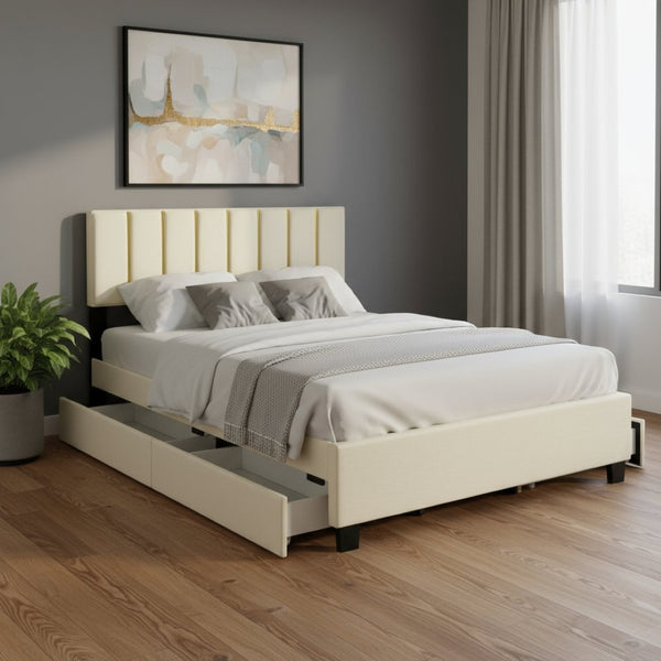 HomeRoots Beige Tufted Velvet Queen Bed Frame with Trundle & Drawers - Elegant, Space-Saving Design! 590430