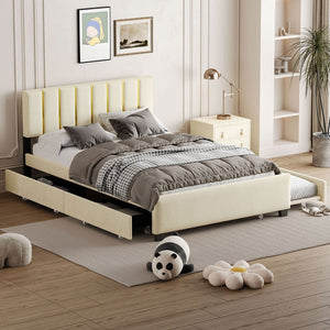 HomeRoots Beige Tufted Velvet Queen Bed Frame with Trundle & Drawers - Elegant, Space-Saving Design! 590430
