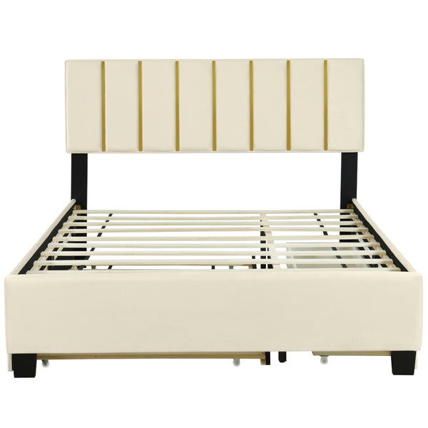HomeRoots Beige Tufted Velvet Queen Bed Frame with Trundle & Drawers - Elegant, Space-Saving Design! 590430