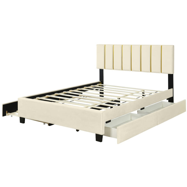 HomeRoots Beige Tufted Velvet Queen Bed Frame with Trundle & Drawers - Elegant, Space-Saving Design! 590430