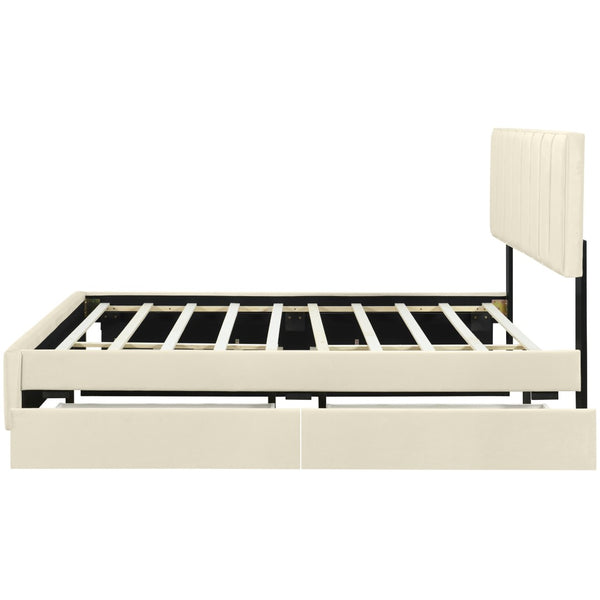 HomeRoots Beige Tufted Velvet Queen Bed Frame with Trundle & Drawers - Elegant, Space-Saving Design! 590430
