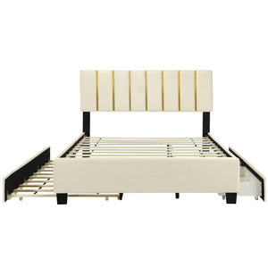 HomeRoots Beige Tufted Velvet Queen Bed Frame with Trundle & Drawers - Elegant, Space-Saving Design! 590430
