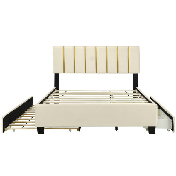 HomeRoots Beige Tufted Velvet Queen Bed Frame with Trundle & Drawers - Elegant, Space-Saving Design! 590430