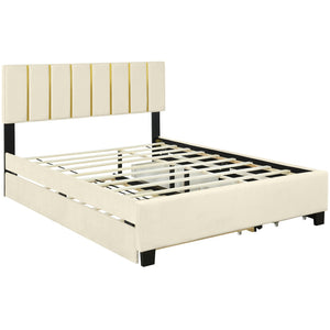 HomeRoots Beige Tufted Velvet Queen Bed Frame with Trundle & Drawers - Elegant, Space-Saving Design! 590430