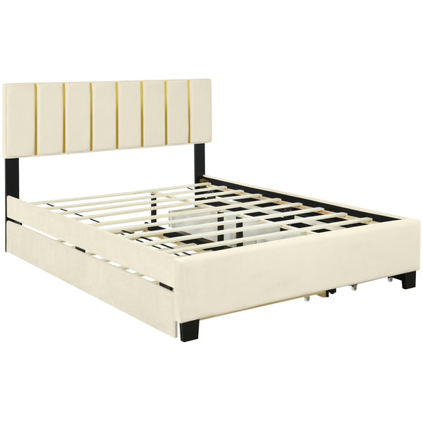 HomeRoots Beige Tufted Velvet Queen Bed Frame with Trundle & Drawers - Elegant, Space-Saving Design! 590430