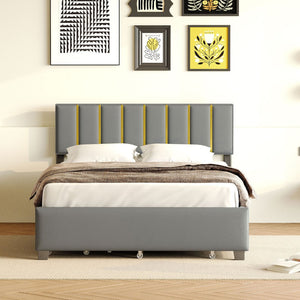 HomeRoots Gray Tufted Velvet Queen Bed Frame with Trundle & Storage Drawers for Stylish Bedroom Comfort 590431