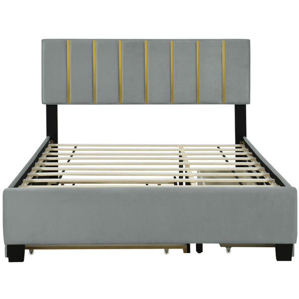 HomeRoots Gray Tufted Velvet Queen Bed Frame with Trundle & Storage Drawers for Stylish Bedroom Comfort 590431