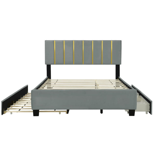 HomeRoots Gray Tufted Velvet Queen Bed Frame with Trundle & Storage Drawers for Stylish Bedroom Comfort 590431