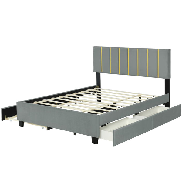 HomeRoots Gray Tufted Velvet Queen Bed Frame with Trundle & Storage Drawers for Stylish Bedroom Comfort 590431