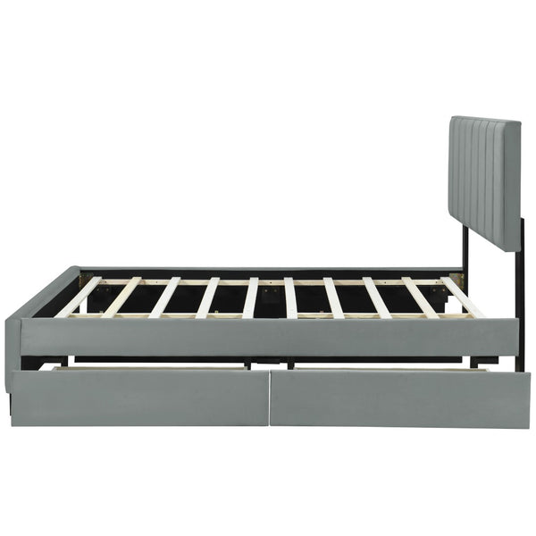HomeRoots Gray Tufted Velvet Queen Bed Frame with Trundle & Storage Drawers for Stylish Bedroom Comfort 590431