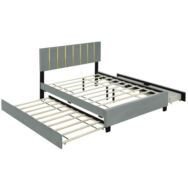 HomeRoots Gray Tufted Velvet Queen Bed Frame with Trundle & Storage Drawers for Stylish Bedroom Comfort 590431