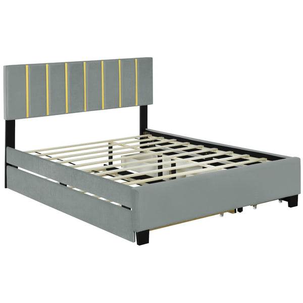 HomeRoots Gray Tufted Velvet Queen Bed Frame with Trundle & Storage Drawers for Stylish Bedroom Comfort 590431