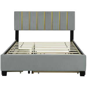 HomeRoots Gray Tufted Velvet Queen Bed Frame with Trundle & Storage Drawers for Stylish Bedroom Comfort 590431